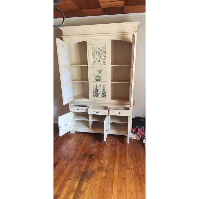 1990s Distressed Antique White French Country Style China Cupboard Hutch With Shelves and Drawers For Sale - Image 5 of 10