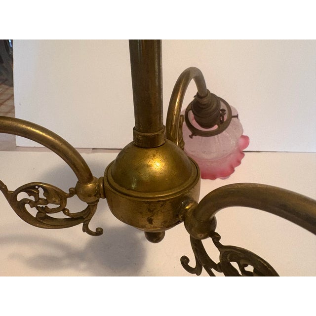 Metal Early 20th Century Brass 3-Light Chandelier With Pink Glass Shades For Sale - Image 7 of 12