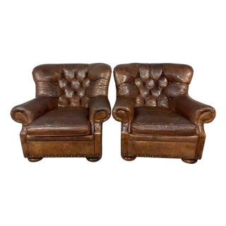 Pair of English Library Club Chairs in Hand-Finished Cognac Leather For Sale