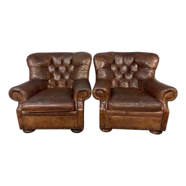 Pair of English Library Club Chairs in Hand-Finished Cognac Leather For Sale