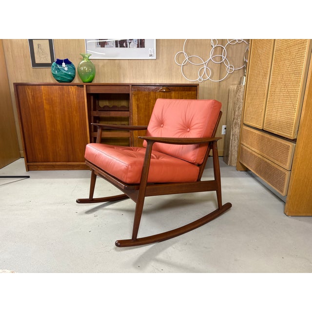 Mid-Century Modern Restored 1950's Danish Teak Rocking Chair in Terra Cotta Leather by Moreddi For Sale - Image 3 of 12