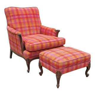 Antique Carved Wood Bergère-Style Lounge Chair + Ottoman For Sale