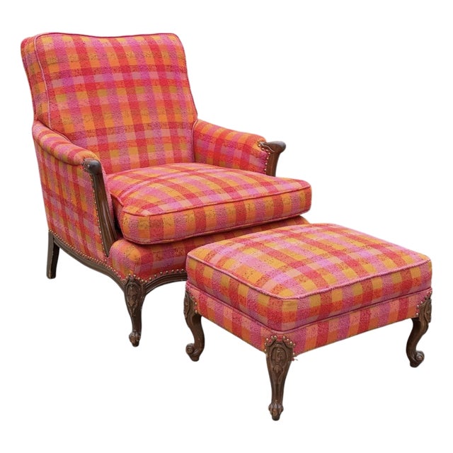 Antique Carved Wood Bergère-Style Lounge Chair + Ottoman For Sale