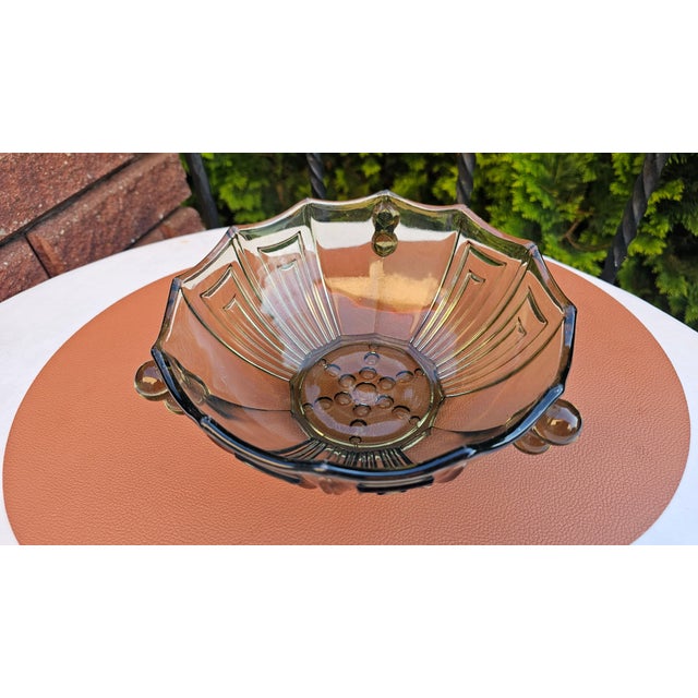 Art Deco glass platter/bowl, storm-cloud color, Stölzle, Heřmanova Huť, dimensions: height 9.2 cm, diameter 21.5 cm.