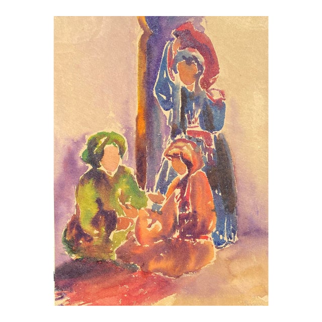 1950s Florence Rogers European Figural Watercolor For Sale