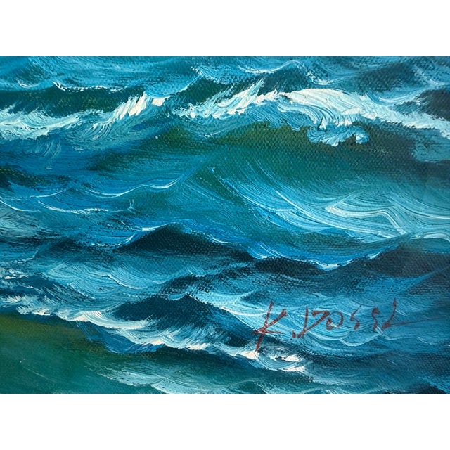A striking vintage oil on canvas depicting a majestic sailing ship navigating rolling ocean waves beneath a bright,...