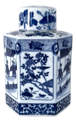 Vintage Blue and White Chinoiserie Porcelain Tea Caddy