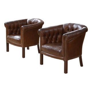 Vintage Leather-Upholstered Club Chairs, 1990s, Set of 2 For Sale