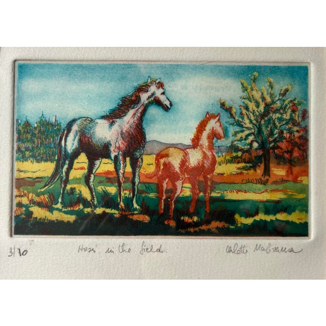 French 1980s Original Hand Colored Etching of Horses by Arlette Malivernier For Sale - Image 3 of 7