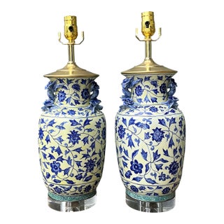 Vintage Asian Blue and White Floral Lamps - A Pair For Sale