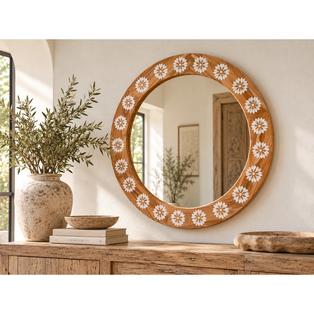 This beautiful boho modern mirror would be a staple in any home. Our blossom mother of pearl inlay collection is inspired...