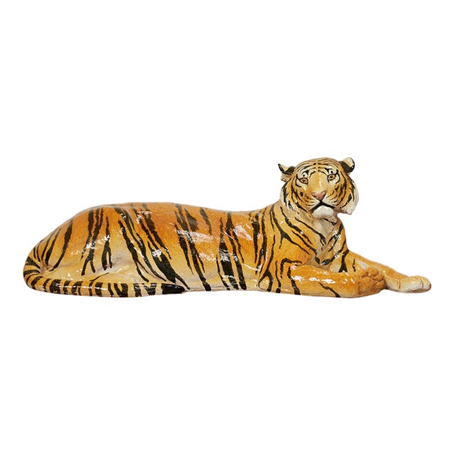 Vintage Italian Glazed Terra Cotta Tiger Sculpture For Sale