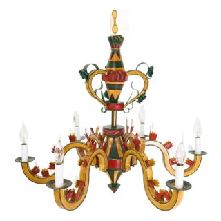 Vintage Six-Arm Tole Chandelier Hand-Painted in Gold, Green, and Red For Sale