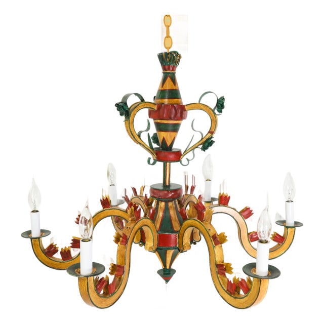 Vintage Six-Arm Tole Chandelier Hand-Painted in Gold, Green, and Red For Sale