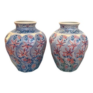 Pair of Hand-Painted Floral Ceramic Vases For Sale