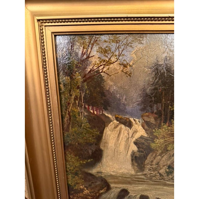 19th Century European Alpine Landscape Oil on Board With Hand-Carved Gilt Frame, Circa 1870 For Sale - Image 12 of 13