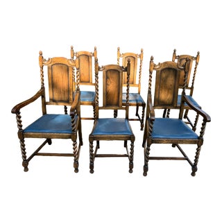 Early 1900s Spanish Style Barley Twist Hand Carved Wooden Spanish Dining Chairs - Set of 6 For Sale