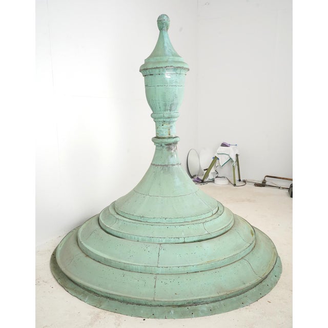 Reclaimed late 1800s building rooftop finial made of copper with a verdigris finish. It has a multitiered design with a...