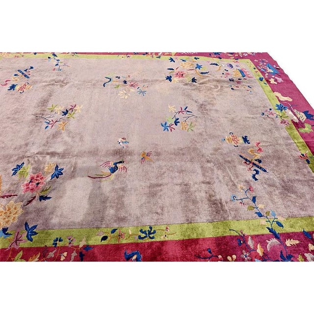 1920s Light Purple Antique Floral Room Size Chinese Art Deco Wool Rug 9' 2" X 11' 8" For Sale - Image 5 of 9