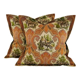 Designer P Kaufmann Brown Green Orange Horse Jockey Equestrian Paisley Toile Pillow Covers- 25" Pair For Sale