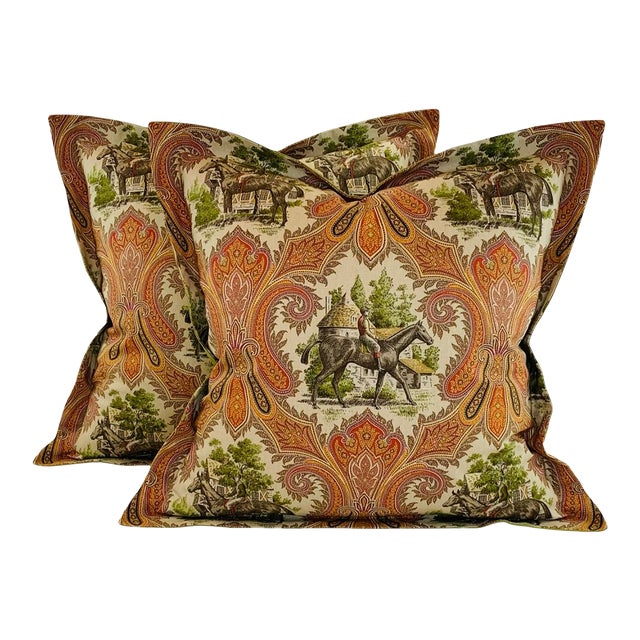 Designer P Kaufmann Brown Green Orange Horse Jockey Equestrian Paisley Toile Pillow Covers- 25" Pair For Sale
