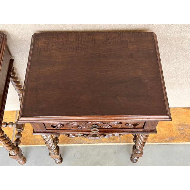 20th Century Pair of Solid Carved French Nightstands With Turned Columns For Sale - Image 6 of 13