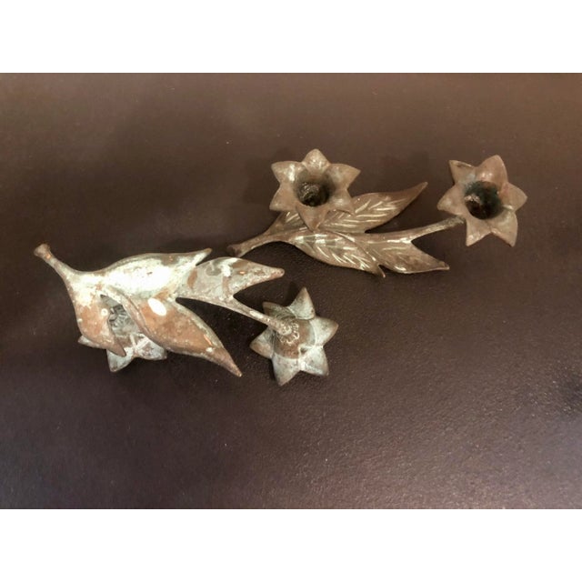 Metal Antique Verdigris Bronze Flower Candle Holders - a Pair For Sale - Image 7 of 8