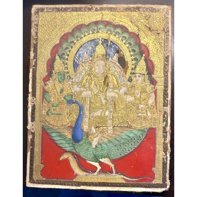Gold 19th C Indian Thanjavur Tanjore Painting Gold Gilt Murugan on His Peacock Antique Multimedia Collage South India For Sale - Image 8 of 16