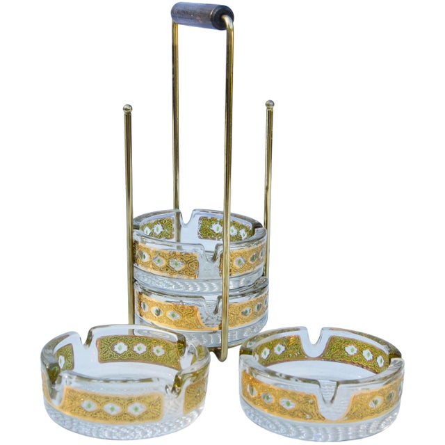 Culver Ltd. Mid 20th Century Gold-Patterned Culver Glass Ashtrays With Caddy- 5 Pieces For Sale - Image 4 of 7