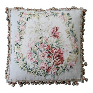 White Floral Aubusson Wool and Silk Pillow For Sale