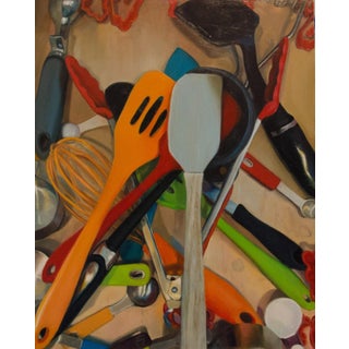 Inside, Utensil Drawer by Erin Milan | Oil on panel Painting of colorful kitchen utensils For Sale