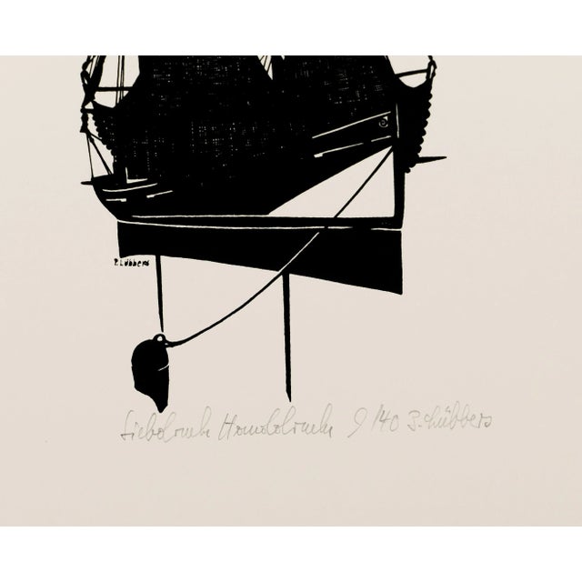 Silhouette of a Sailing Ship is a black and white serigraph on paper, by an artist signs ''P- Lübbers''. Signed and...