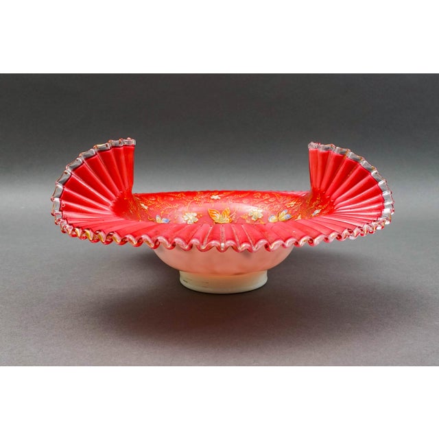 Early 18th Century Victorian Hand Painted Butterflies Ruffled Edge Glass Brides Basket Bowl For Sale In Miami - Image 6 of 7