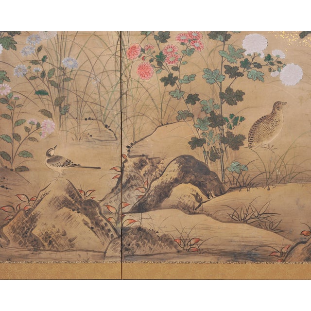Japanese Meiji Two Panel Screen Birds Flowers in Autumn Landscape For Sale - Image 13 of 18