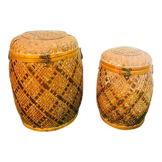 1970s Mid-Century Woven Rattan Lidded Basket-Set of 2 For Sale