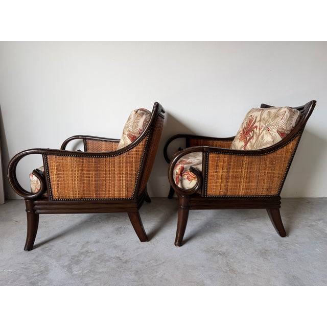 Palecek Coastal Organic Rattan & Cane Lounge Armchairs With Leather-Wrapped Details – Pair For Sale In Miami - Image 6 of 12