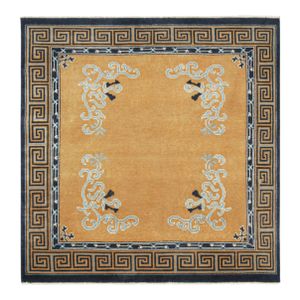 Rug & Kilim’s Chinese Art Deco Style Square Rug in Amber Gold With Floral Patterns