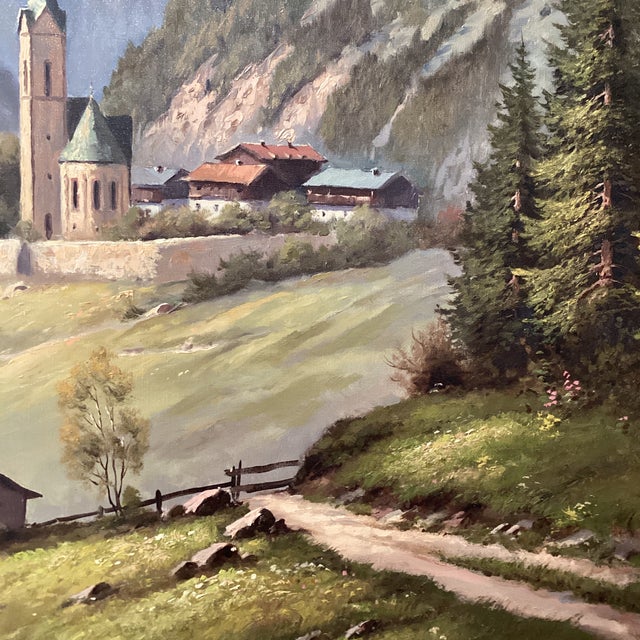 Wood Early 20th Century Mid Century Modern Oil Painting Alpine Church Landscape by Othmar Wagner Austria For Sale - Image 7 of 12