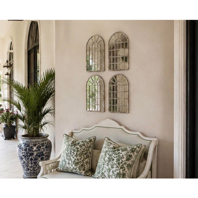 Set of Four Vintage White-Washed Iron Arched Window-Style Wall Mirrors For Sale - Image 9 of 12