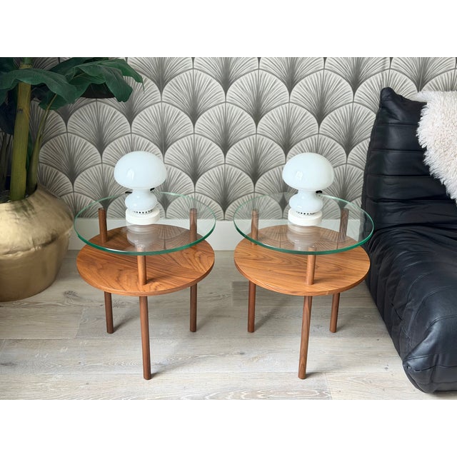 Design Within Reach Mid-Century Modern-Style Walnut Wood and Glass "Unison" Side Tables by Design Within Reach For Sale - Image 4 of 16