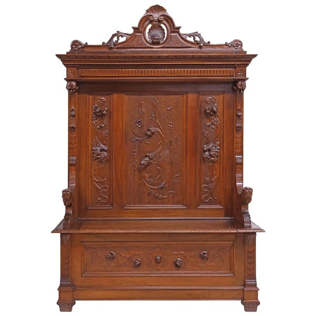Stunning Antique Hall Bench, Italian Renaissance Revival Carved, Walnut, Storage, 1800s, 19th C. Antique Italian Ren...