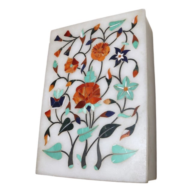 Vintage Handmade Indian Agra Marble Inlaid Stone Marquetry Lapis Turquoise Box For Sale