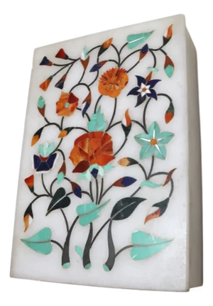 Vintage Handmade Indian Agra Marble Inlaid Stone Marquetry Lapis Turquoise Box