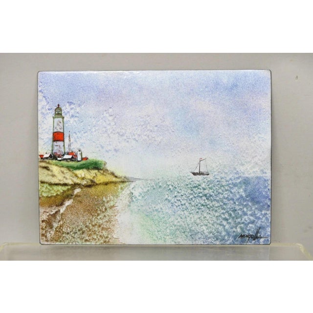 Late 20th Century Dom Dominic Mingolla Enamel on Copper Painting Red Lighthouse Shoreline For Sale - Image 9 of 9