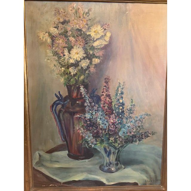 Vintage 1938 Floral Still Life Oil Painting, Signed Ashley, in Gilt Wood Frame For Sale - Image 4 of 16