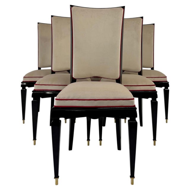 French Art Deco Black Lacquer and Ivory Velvet Chairs with Red Trims, 1940s, Set of 6 For Sale - Image 12 of 12