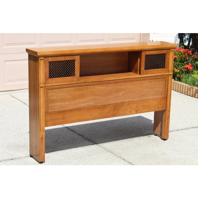Mid-Century Modern Mid-Century Modern Full Size Bar Headboard – 1970s Vintage Wood Frame With Storage & Brass Grille Panels For Sale - Image 3 of 17