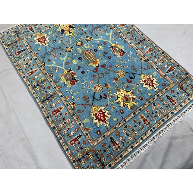 Art Deco Sky Blue Persian Style Floral Area Rug With Botanical Border, 4'9" X 6'3" For Sale - Image 3 of 14