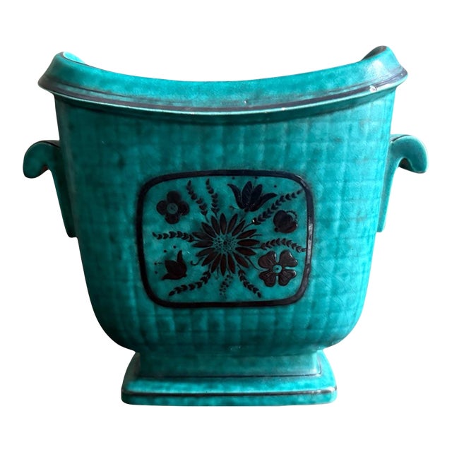 1940s Wilhelm Kåge for Gustavsberg Floral “Argenta” Teal Stoneware Vase, Sweden For Sale