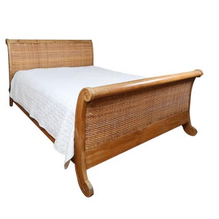 Queen Wicker and Pine Sleigh Bedframe For Sale